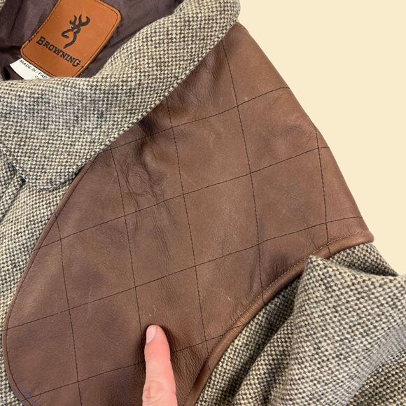 90s XL wool bomber jacket by Browning, vintage wool & leather zip up Canada-made - Picture 8 of 9